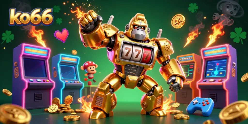 Experience thrilling slots action with KO66's golden gorilla mech and vibrant arcade games.