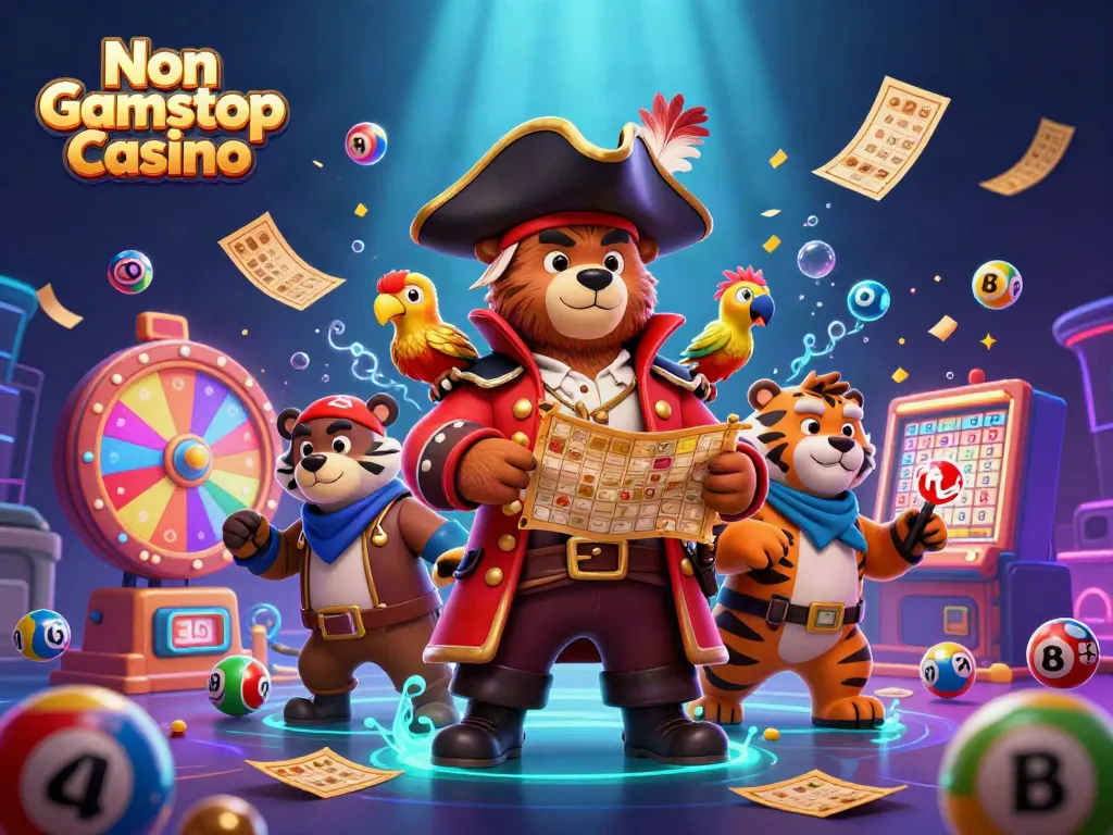 Engage with the vibrant world of Non Gamstop Casino through a fun and dynamic pirate-themed illustration.