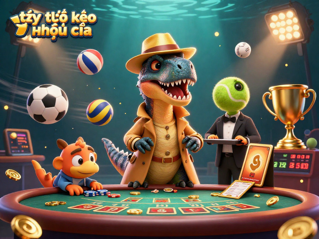 Experience the thrilling atmosphere of tỷ lệ kèo nhà cái with animated characters in a lively casino scene.