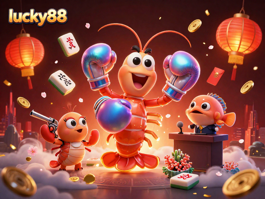 Engage with lucky88, showcasing a vibrant 3D scene of gambling excitement and festive elements.