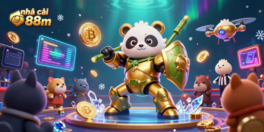 Experience the thrill of nhà cái 88m with an arena scene showcasing a golden panda battling in a mech-suit.