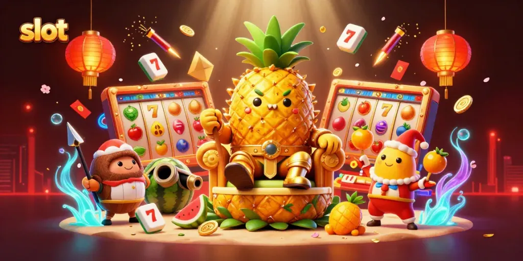 Engage in thrilling slot gameplay, featuring a vibrant 3D scene with spinning reels, a golden pineapple king, and vibrant casino elements.