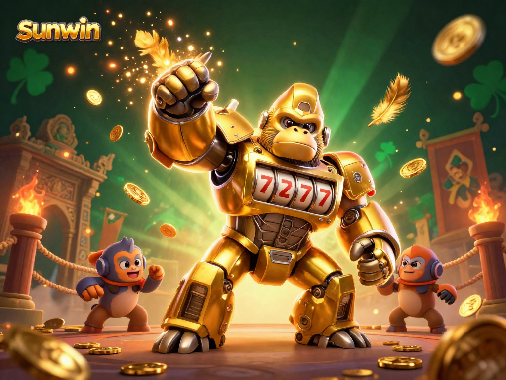 Experience thrilling gameplay at sunwin with a golden gorilla mech celebrating big wins and jackpots.