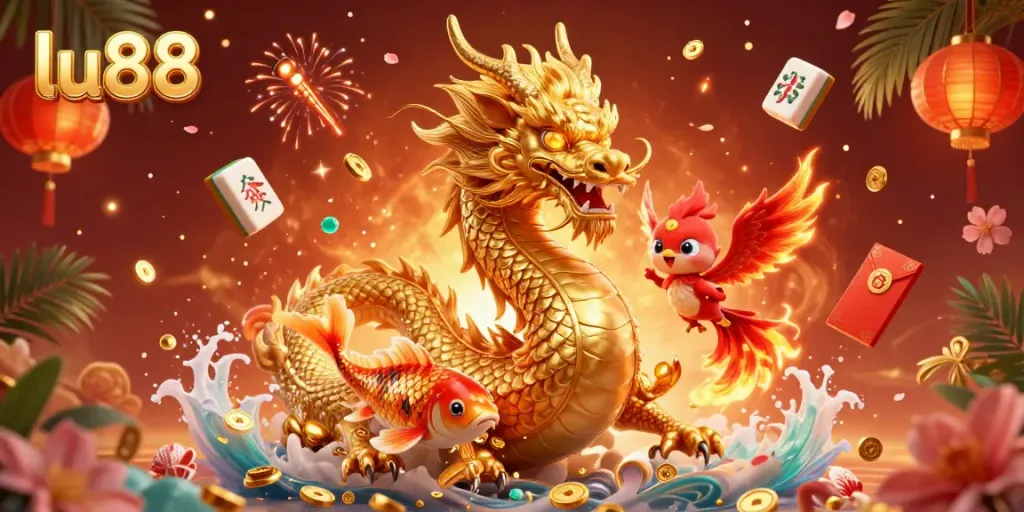 Experience the thrill of lu88 with vibrant casino imagery showcasing a dragon, phoenix, and koi amidst golden coins.