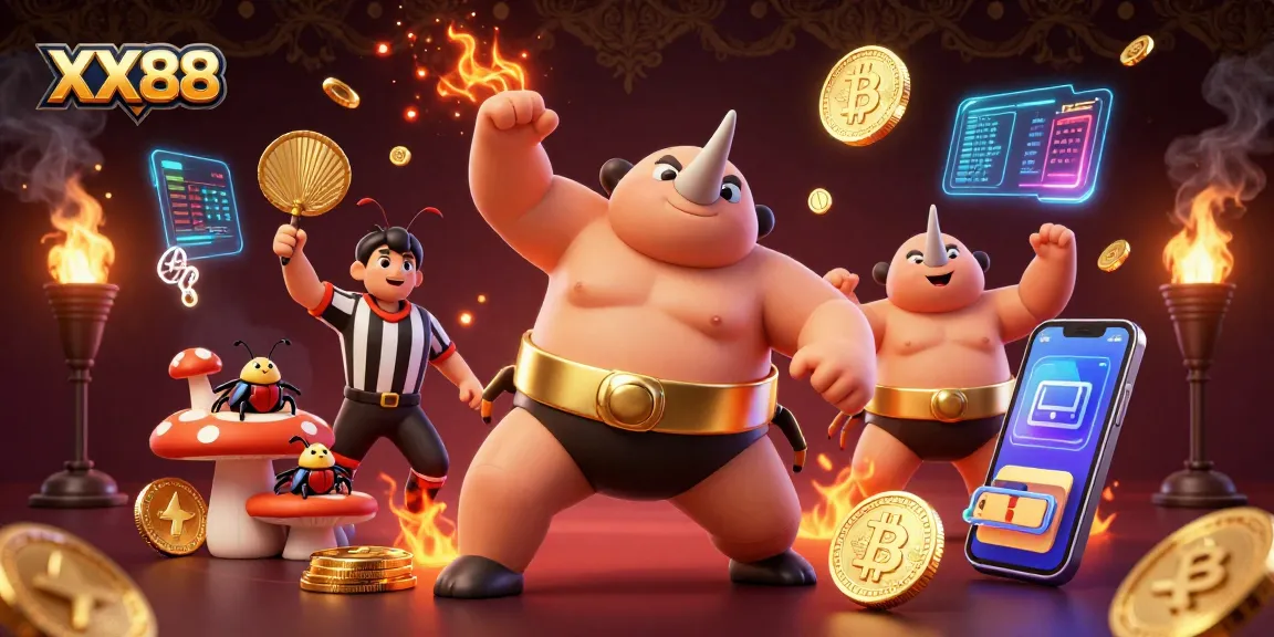 Experience thrilling gameplay at XX88 with a majestic sumo beetle, vibrant coins, and crypto elements.