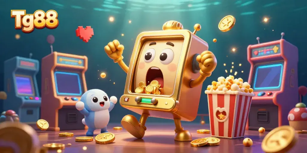 Tg88 jackpot scene with a golden slot machine celebrating wins surrounded by colorful arcade elements.
