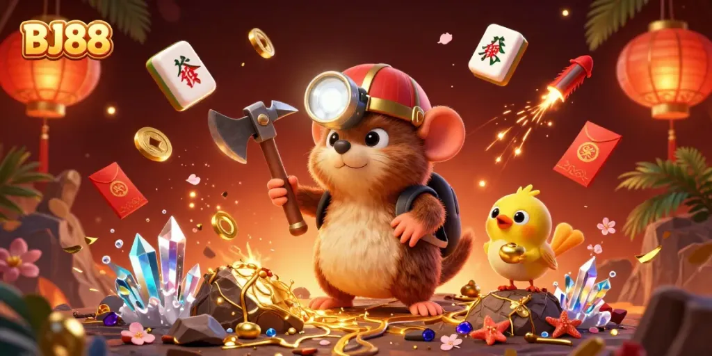 BJ88 offers thrilling casino adventures with vibrant themes and dynamic gaming elements amid a treasure-filled scene.