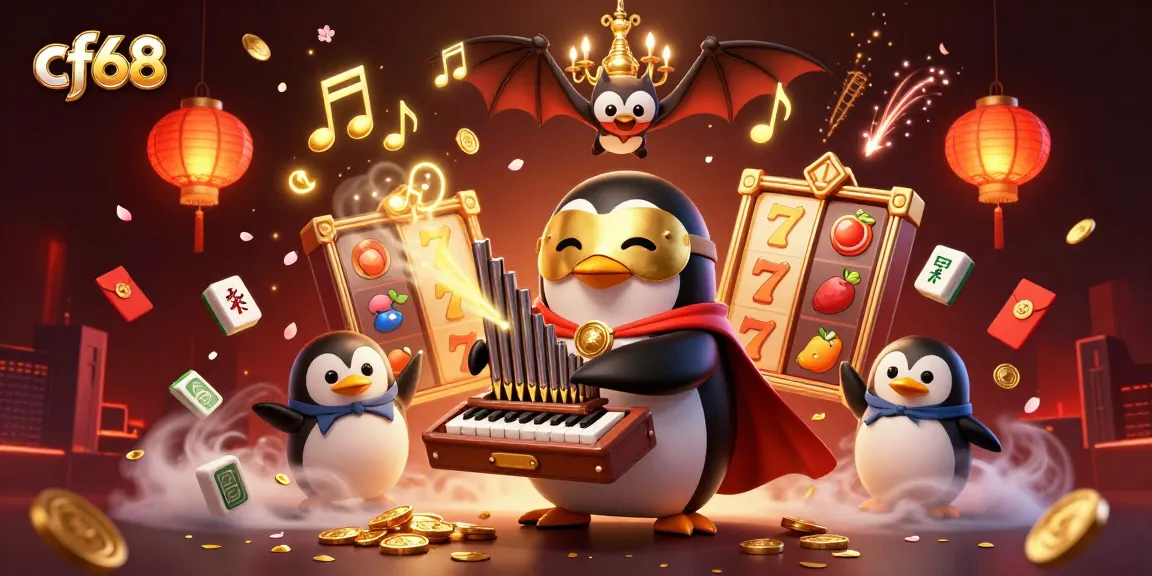 Engage with cf68 through a vibrant 3D illustration featuring a penguin with a pipe organ emitting coins, set in a lively casino atmosphere.