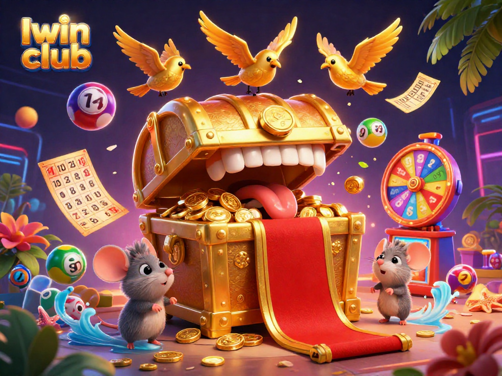 Iwin club showcases a vibrant casino scene filled with dynamic lottery elements and whimsical characters.