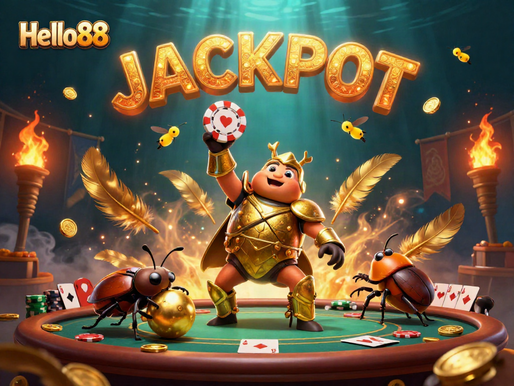 Play with Hello88 at this vibrant poker scene featuring betting chips and a triumphant beetle!