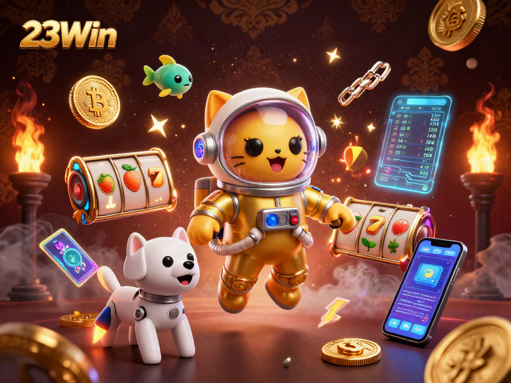 Experience the excitement of 23Win with a vibrant 3D casino scene featuring slots and crypto elements.