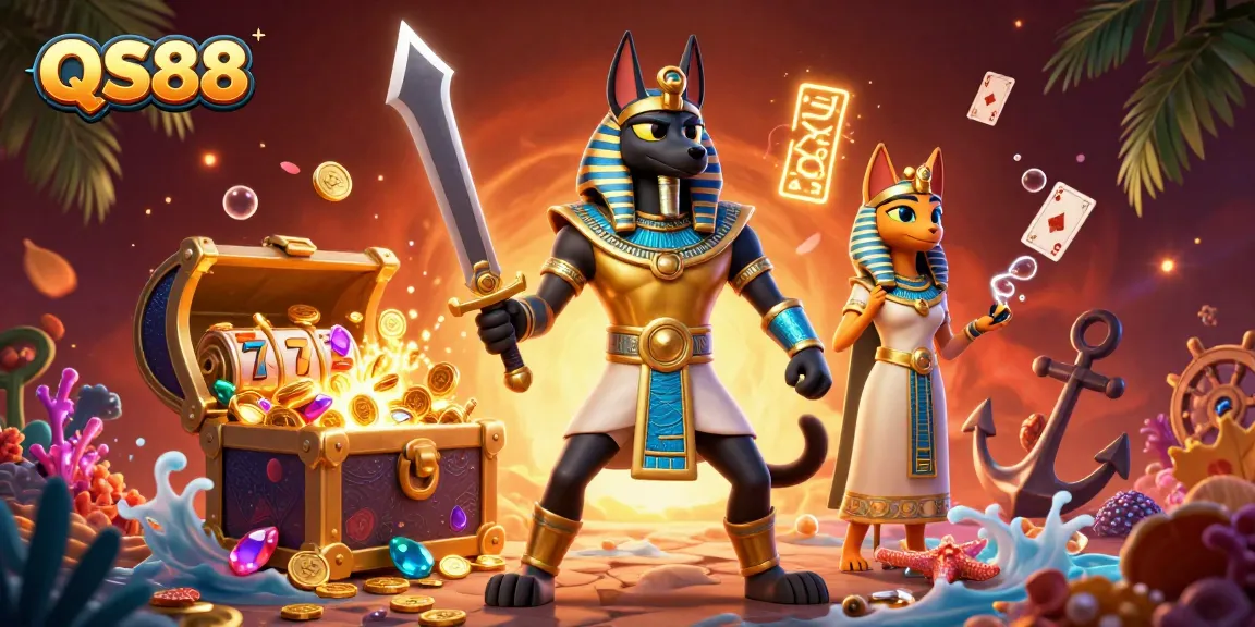 Experience winning thrills in QS88 with Anubis and Bastet amid vibrant casino elements.