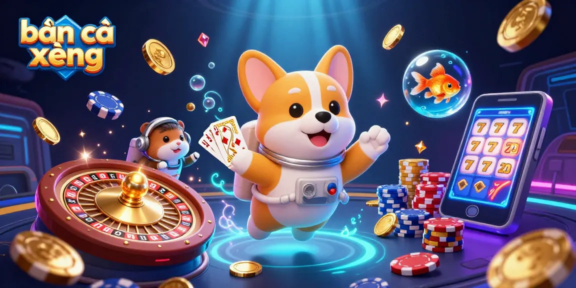 Engage in bắn cá xèng action with 3D characters in a dynamic casino scene featuring coins and games.