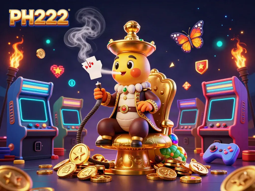 Engage with PH222's vibrant casino environment featuring a animated caterpillar hookah-master.