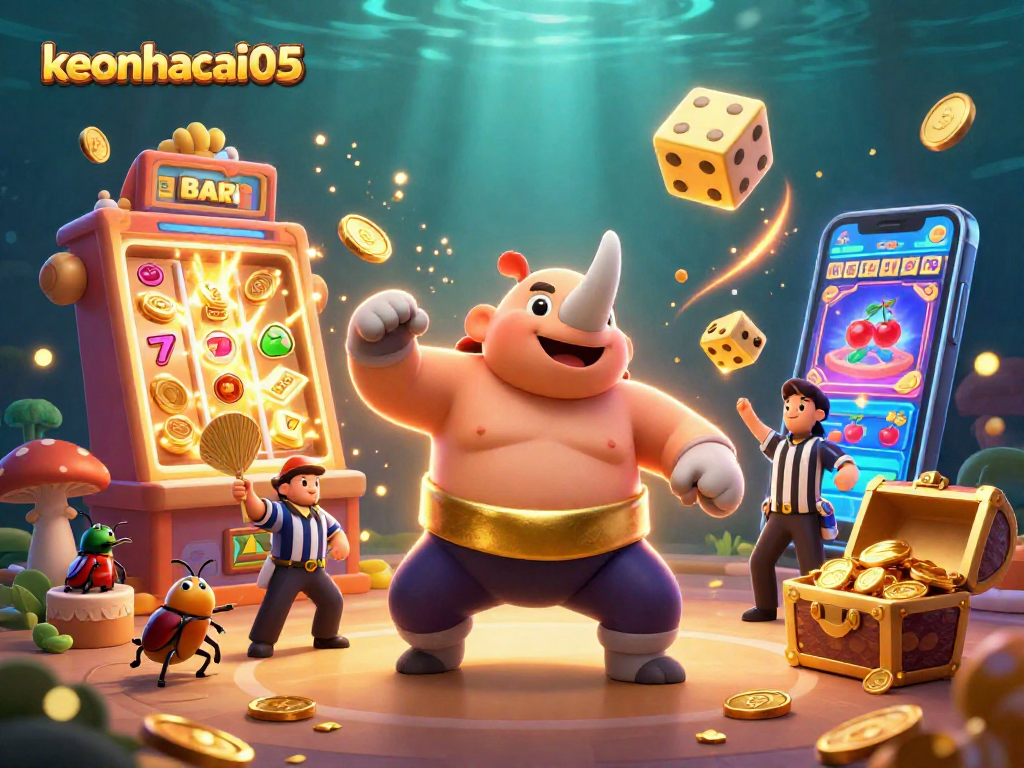 Experience the thrill of keonhacai05 with a cartoon beetle champion amidst a jackpot explosion at an online casino.