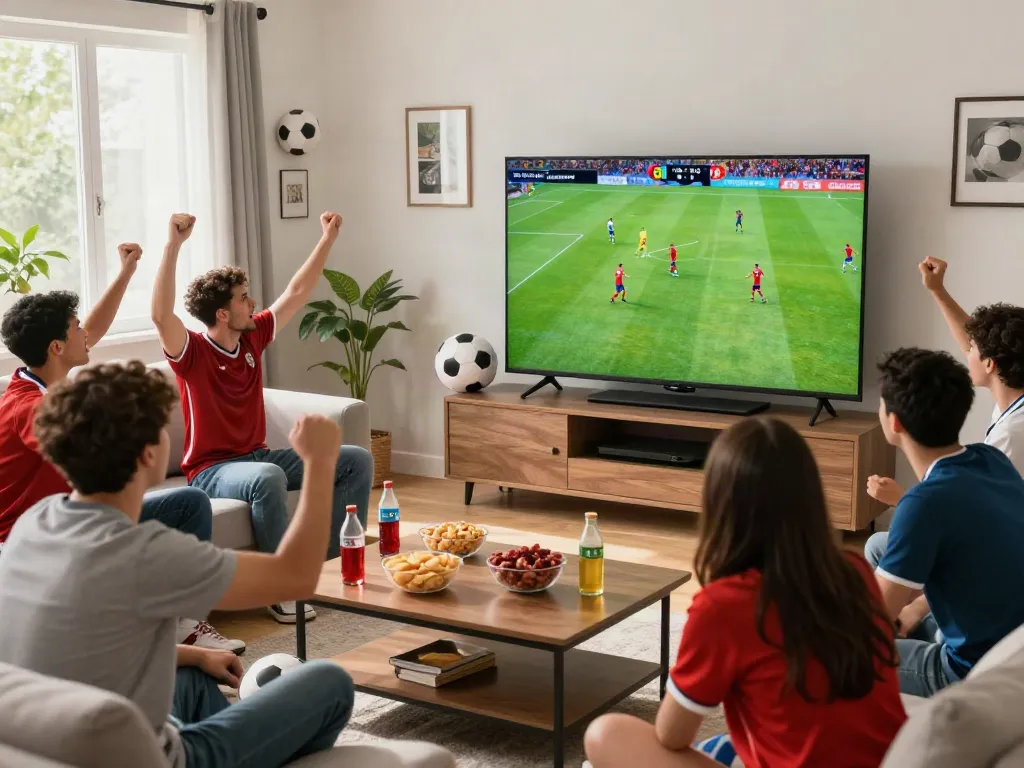 Fans energetically watching Gavangtv live soccer broadcast with snacks and drinks.