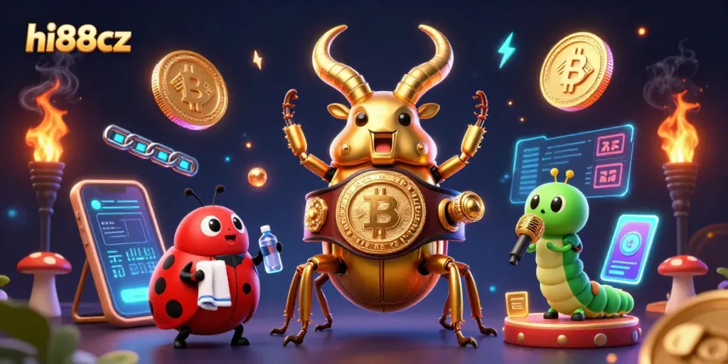 Engage with hi88cz's vibrant 3D casino scene featuring lively characters and neon crypto elements for an exciting experience.