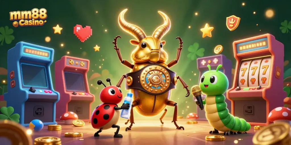 Engaging mm88 casino illustration with a giant beetle champion and vibrant gaming elements.