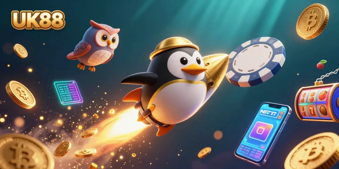 Experience UK88 casino excitement with a golden penguin and vibrant slot game action in space.