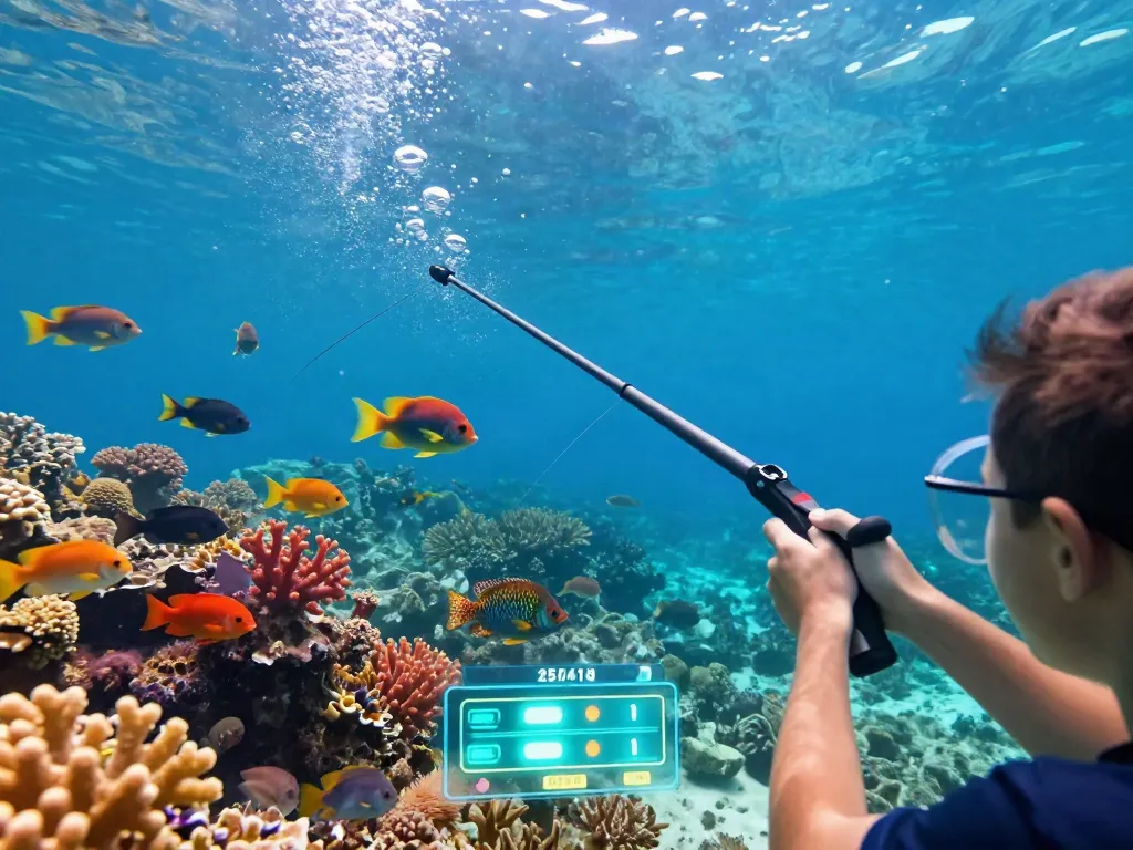 Dynamic scene of a player engaged in lại là Bắn cá đổi thưởng game, aiming at colorful fish in a vibrant underwater environment.