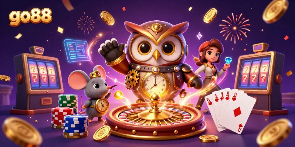 Experience exciting gameplay at go88, featuring vibrant 3D casino elements, golden coins, and lively characters.