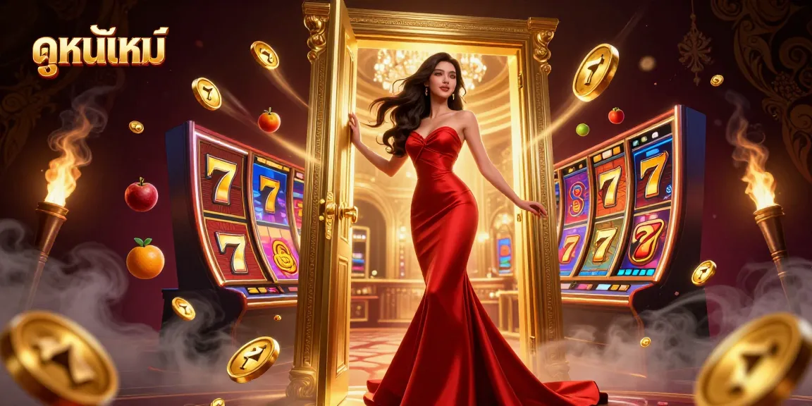 Experience ดูหนังใหม่ with vibrant slot reels and a stunning casino backdrop.