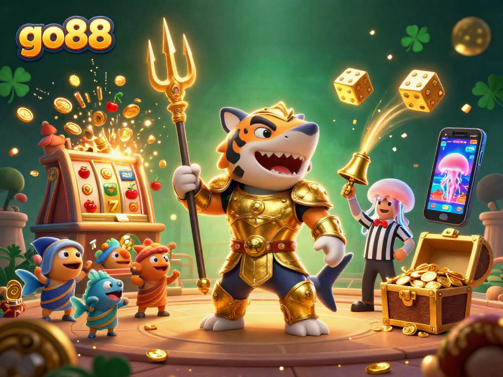 Experience thrilling gameplay with go88 in a vibrant underwater casino scene featuring a fierce shark and gold coins.