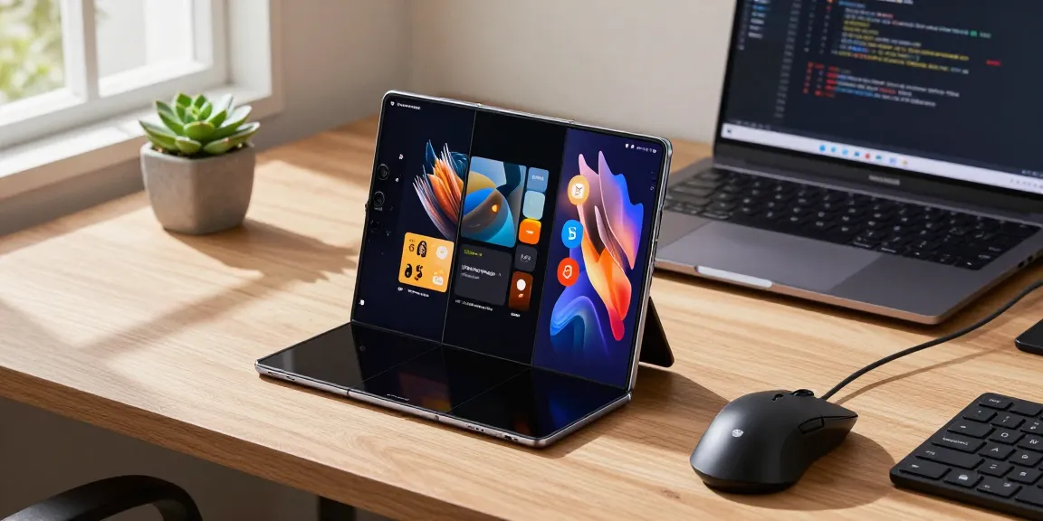 Samsung Galaxy Z TriFold displaying its triple-screen layout on a modern desk with tech accessories.