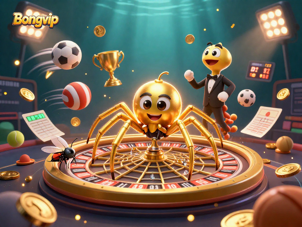 Engage in the thrilling world of Bongvip as a golden spider spins a roulette wheel web amid dynamic sports elements.