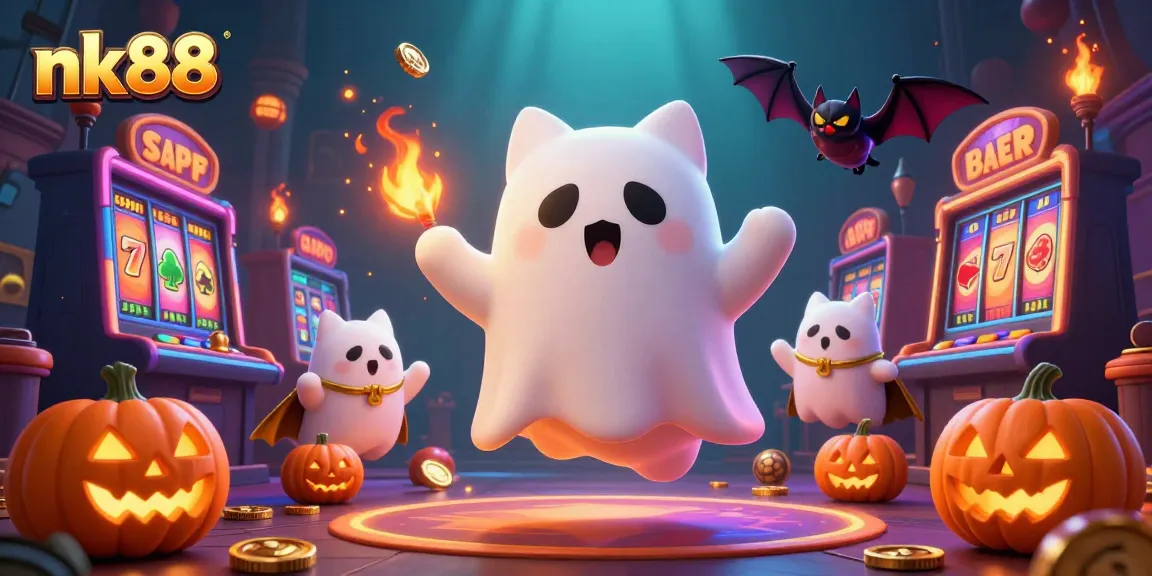 Experience thrilling slots with nk88 in a haunted casino featuring dynamic 3D characters and game elements.
