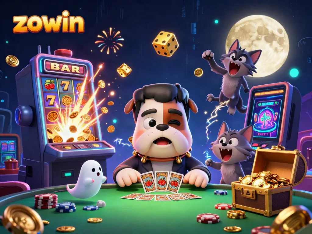 Experience the thrill of ZOWIN with vibrant illustrations of iconic characters and casino excitement.