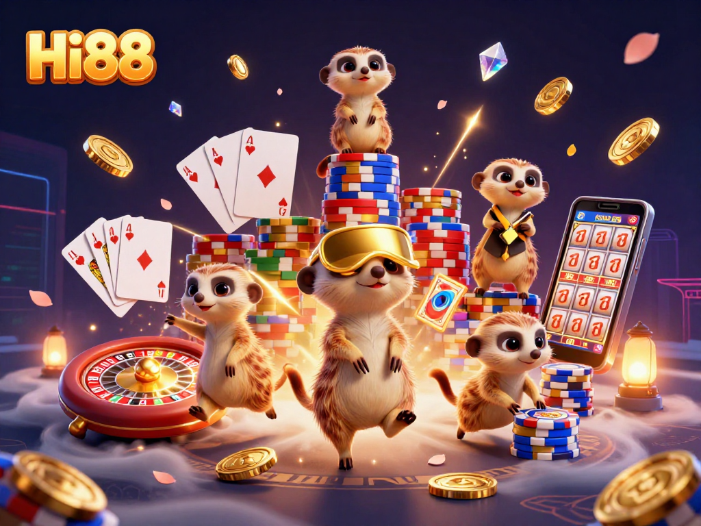 Bet at Hi88 with animated meerkats playing cards and winning coins, showcasing fun casino experience.