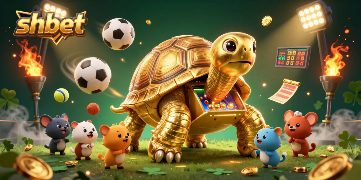 Experience top-tier gaming with shbet in an exciting casino scene filled with golden tortoises and sports elements.