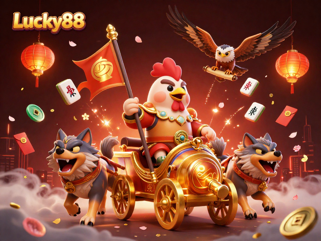 Experience Lucky88 with a dynamic illustration of a rooster warlord amidst casino elements