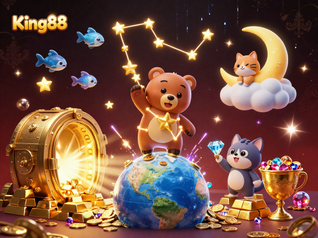 King88 players scoop coins from a magical treasure while enjoying a rich gaming experience.
