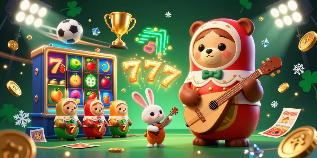 Kubet showcases vibrant 3D dealer bears and intense slot action in a lively casino atmosphere.