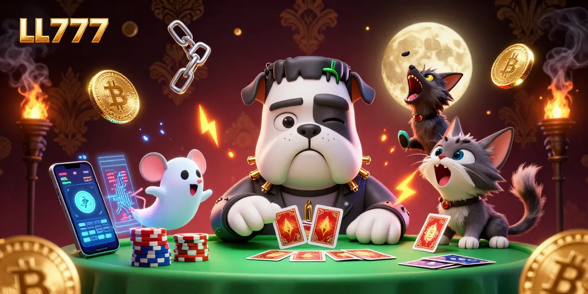 Engage with LL777 at a vibrant casino scene featuring a Frankenstein bulldog dealer and lively crypto elements.