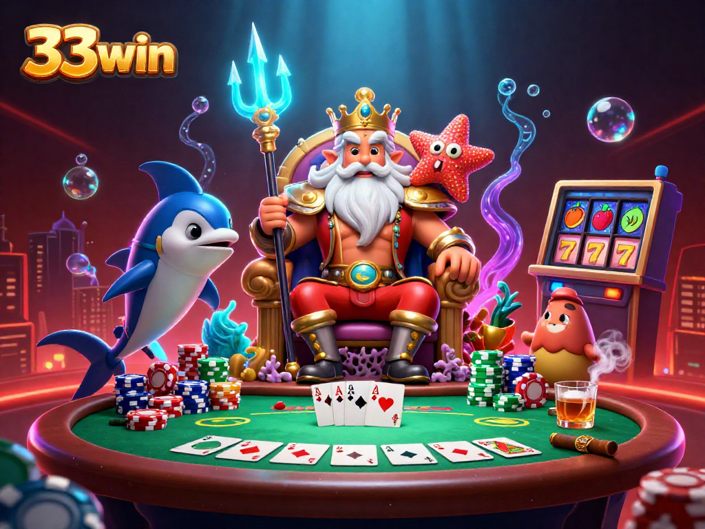 Engage with the vibrant world of 33win, featuring Neptune and poker action in a lively underwater scene.