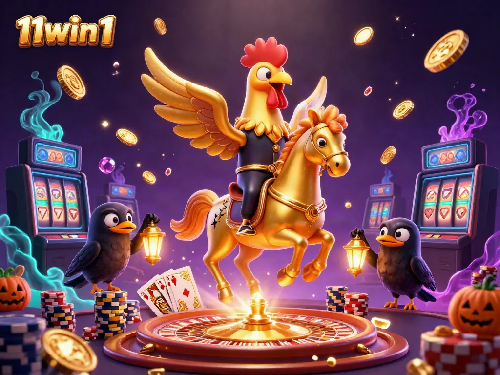 Experience the thrilling energy of 11win1 in a vibrant midnight casino scene featuring a golden rooster headless horseman.