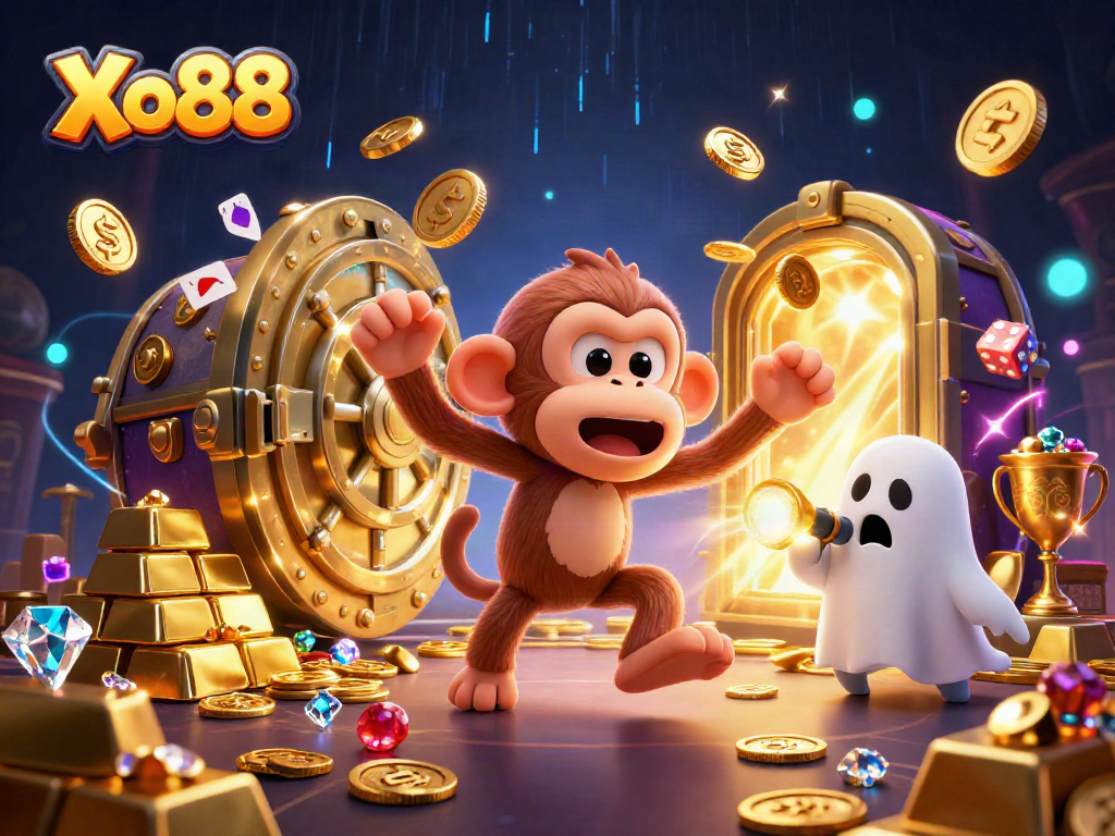Xo88 captures thrilling casino adventures with a playful poltergeist monkey and ghost-hunter puppy.