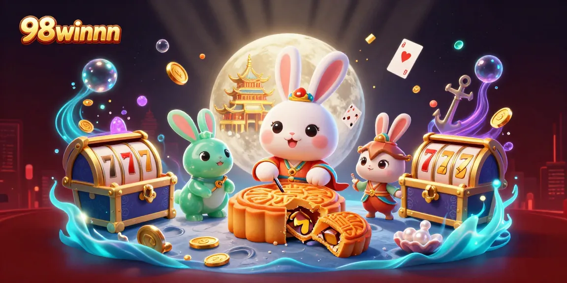 Try your luck at 98winnn with a vibrant scene of a moon rabbit and poker chips amidst enchanting game elements.
