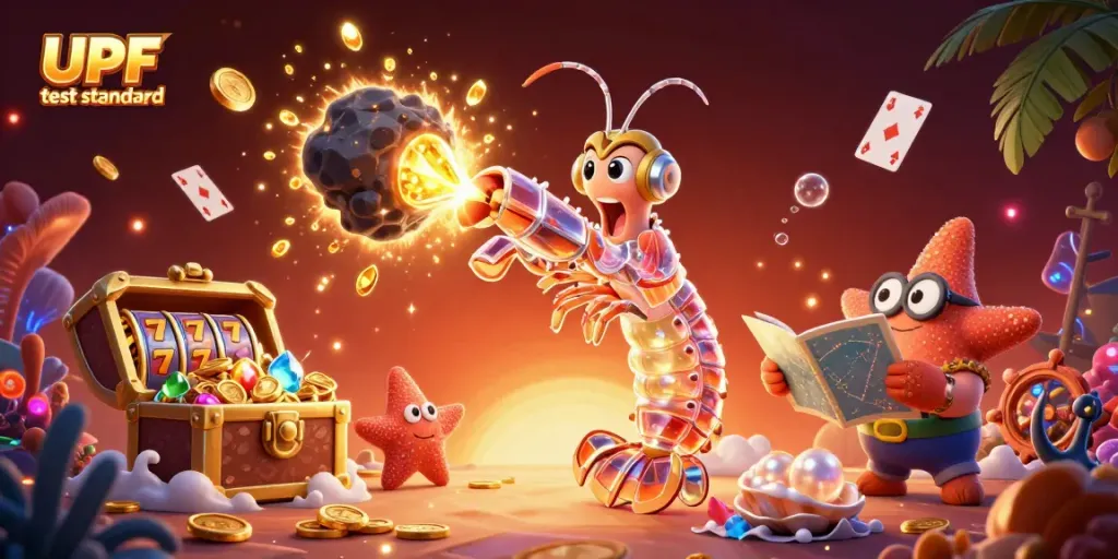 UPF test standard illustrated through a dynamic casino-themed scene with vibrant gems and galactic characters.