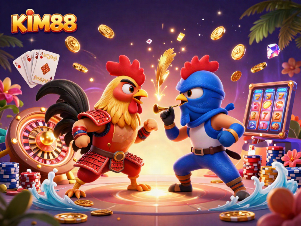 KIM88 showcases a dramatic rooster standoff amidst casino elements, enhancing excitement.