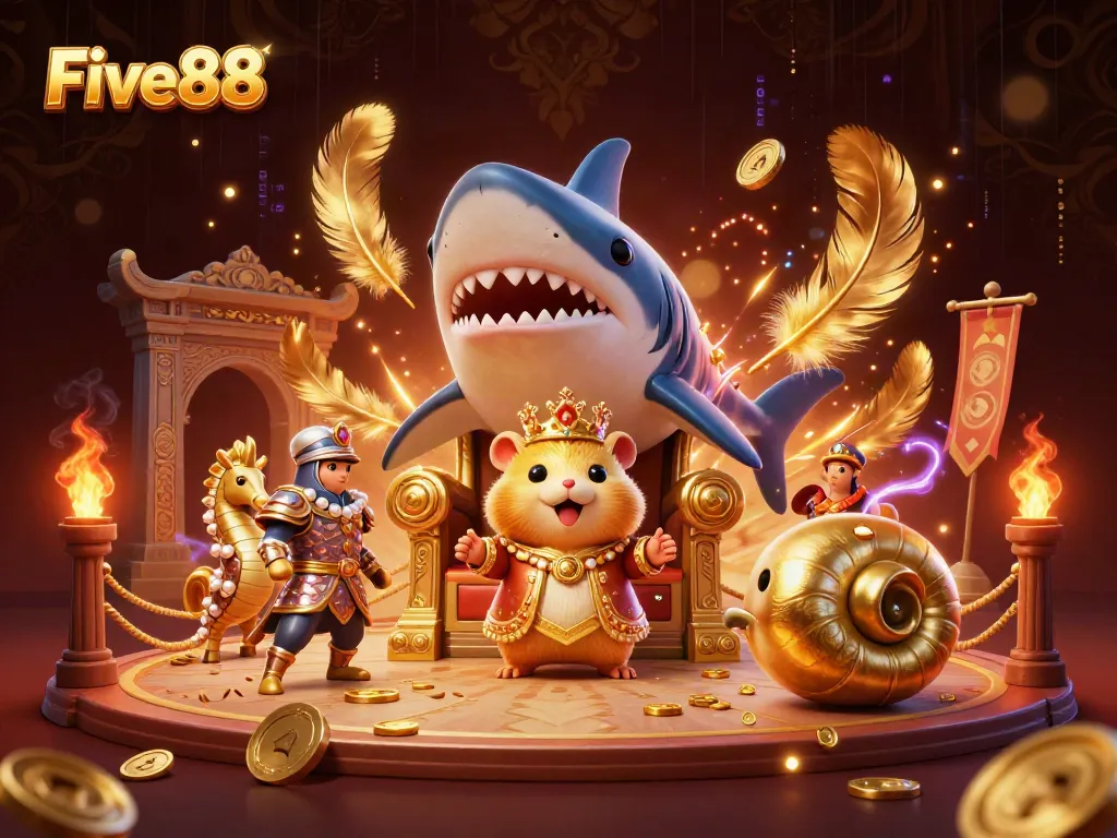 Engage with Five88 in an extravagant casino showdown featuring a golden hamster king and royal guards.