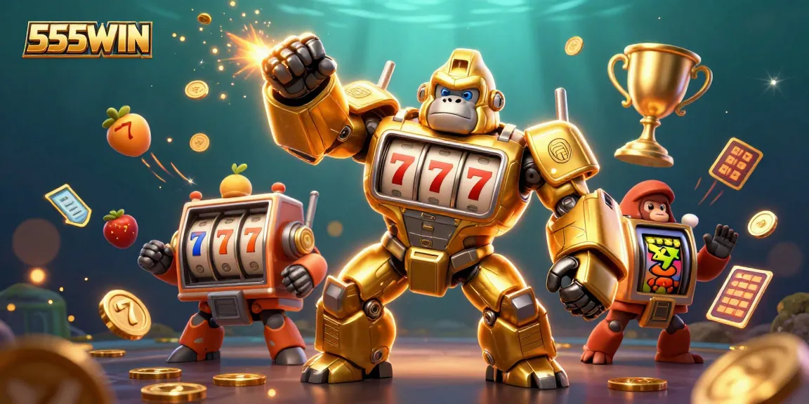 Experience thrilling wins at 555WIN with an exciting 3D slot mech alongside gold coins and game elements!