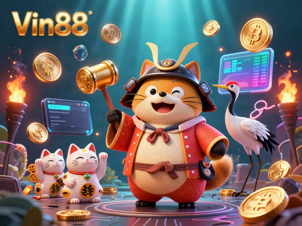 Experience Vin88's joyful atmosphere with a raccoon dog and colorful fortune cats celebrating in a lively casino scene.
