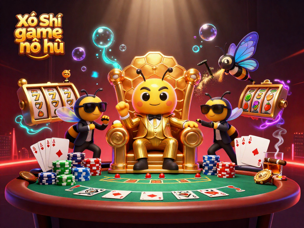 Xổ Số game nổ hũ scene featuring a charming bumblebee mob boss, vibrant poker elements, and dynamic jackpot symbols.