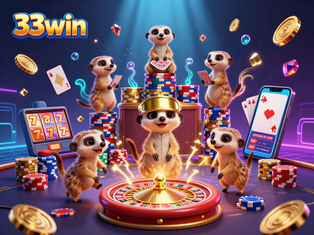 Experience the excitement of 33win with meerkats running a vibrant casino filled with spinning games and dazzling treasures.