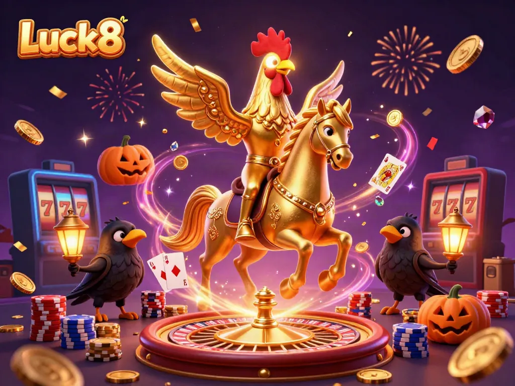 Experience the thrilling excitement of Luck8 in a vibrant casino scene filled with golden treasures and dynamic characters.