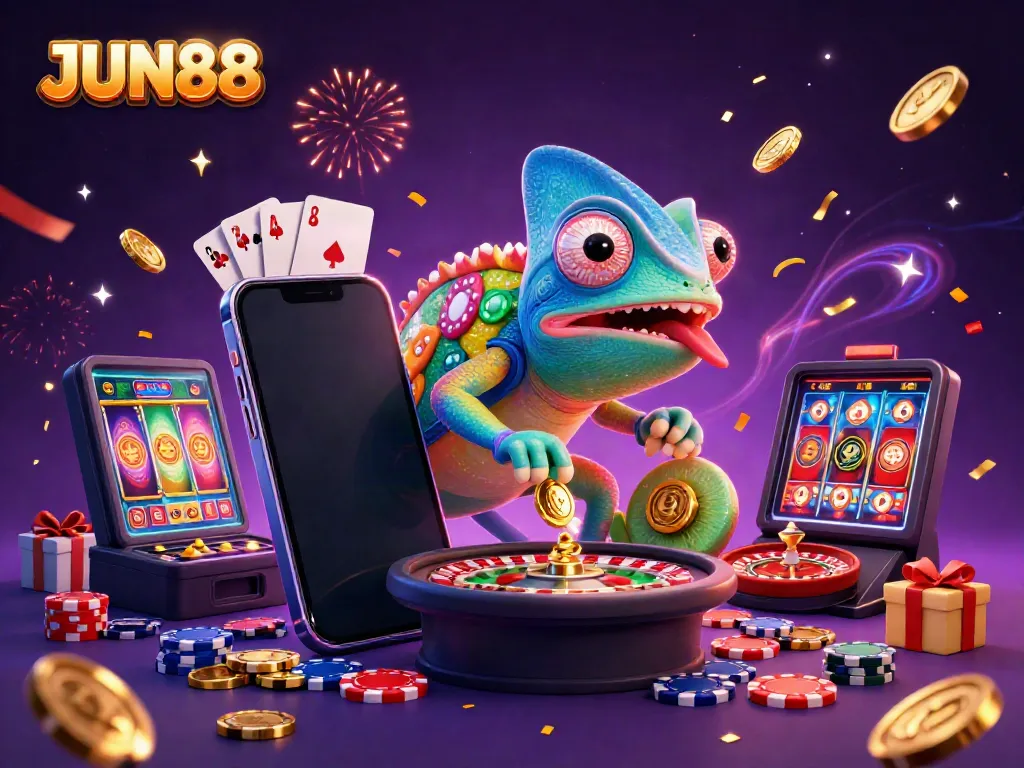 Engage with JUN88's vibrant casino scene featuring a playful chameleon owner surrounded by gold coins and gaming elements.